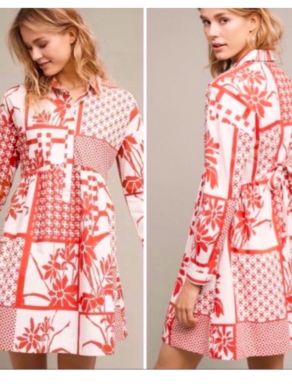 Anthropologie Maeve Red and White Geometric Shirt Dress